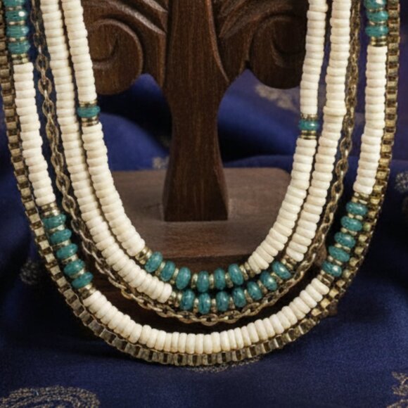 🆕️Handcrafted Boho Chic Beaded Antique Gold Artisanal Ethnic Layered Necklace - Picture 4 of 9